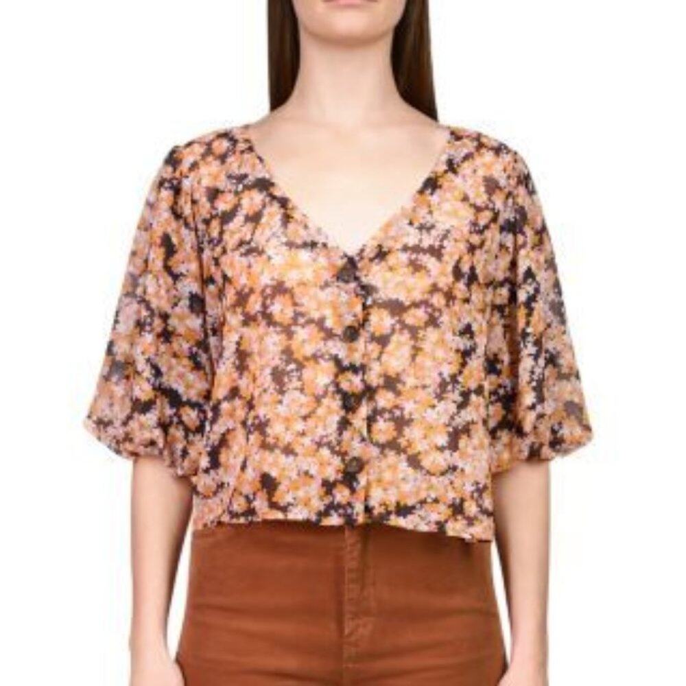 SANCTUARY SHEER BUTTON UP TOP WITH PUFF SLEEVES.  SIZE SMALL.  COLOR HARVEST